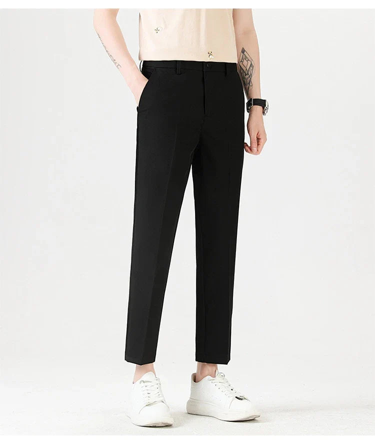 Light Luxury Men's Casual Small Trousers in various colors and sizes, featuring a stretch pencil pant design for a sleek, flattering look.