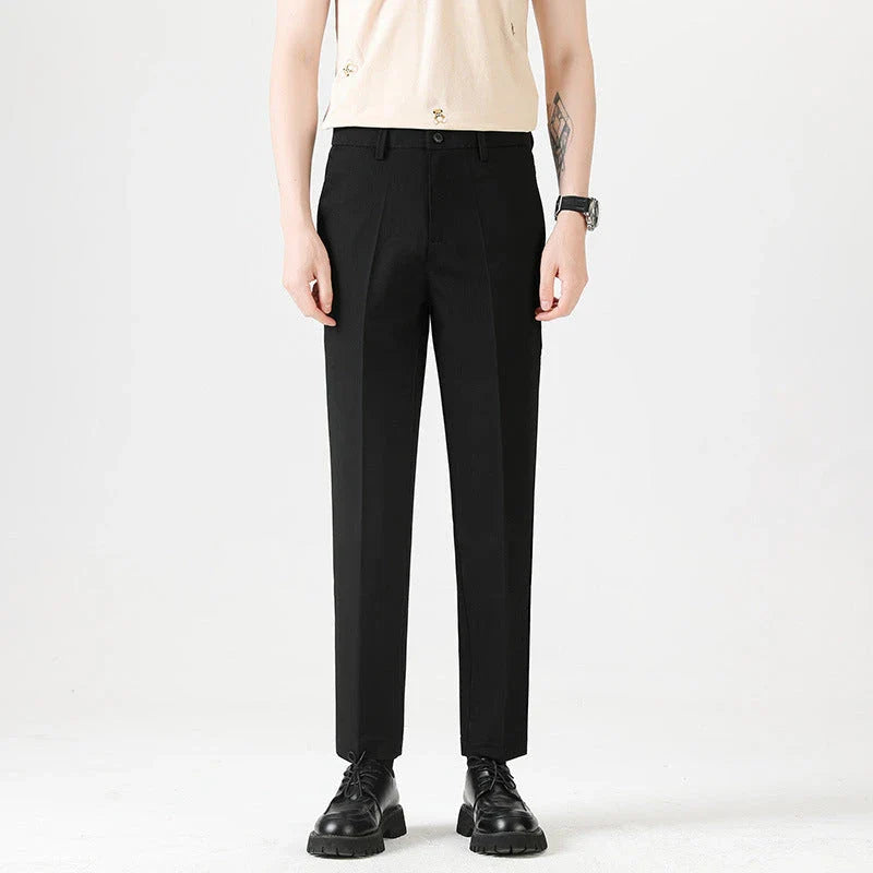Light Luxury Men's Casual Small Trousers in various colors and sizes, featuring a stretch pencil pant design for a sleek, flattering look.