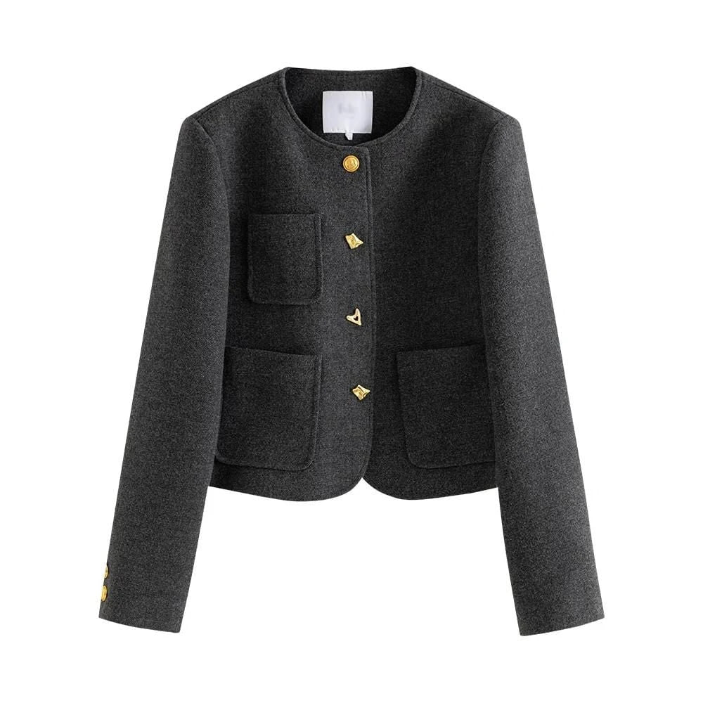 High-quality woolen coat and skirt set in a straight silhouette and mid-calf length, perfect for the modern office lady