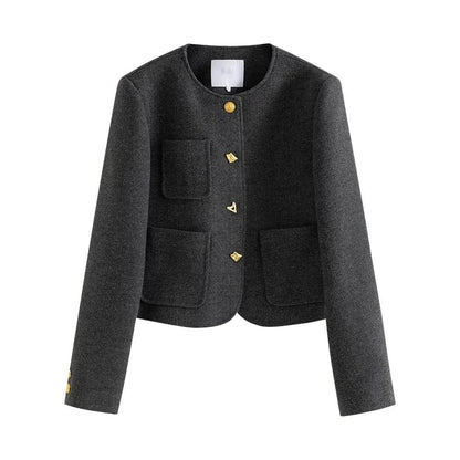 High-quality woolen coat and skirt set in a straight silhouette and mid-calf length, perfect for the modern office lady