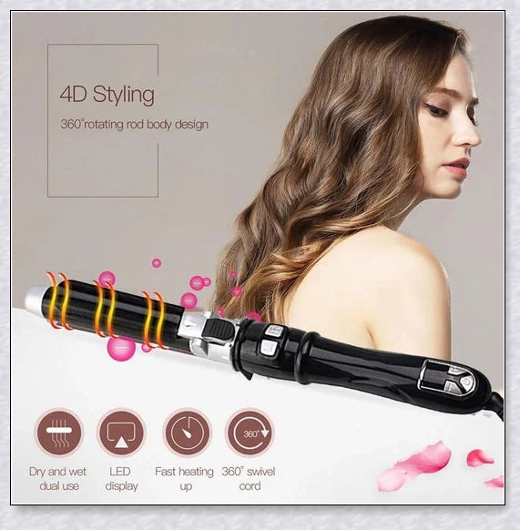 Professional Rotating Curling Iron with auto-rotating barrel, titanium plates, and tourmaline ceramic coating for effortless salon-quality hairstyles.