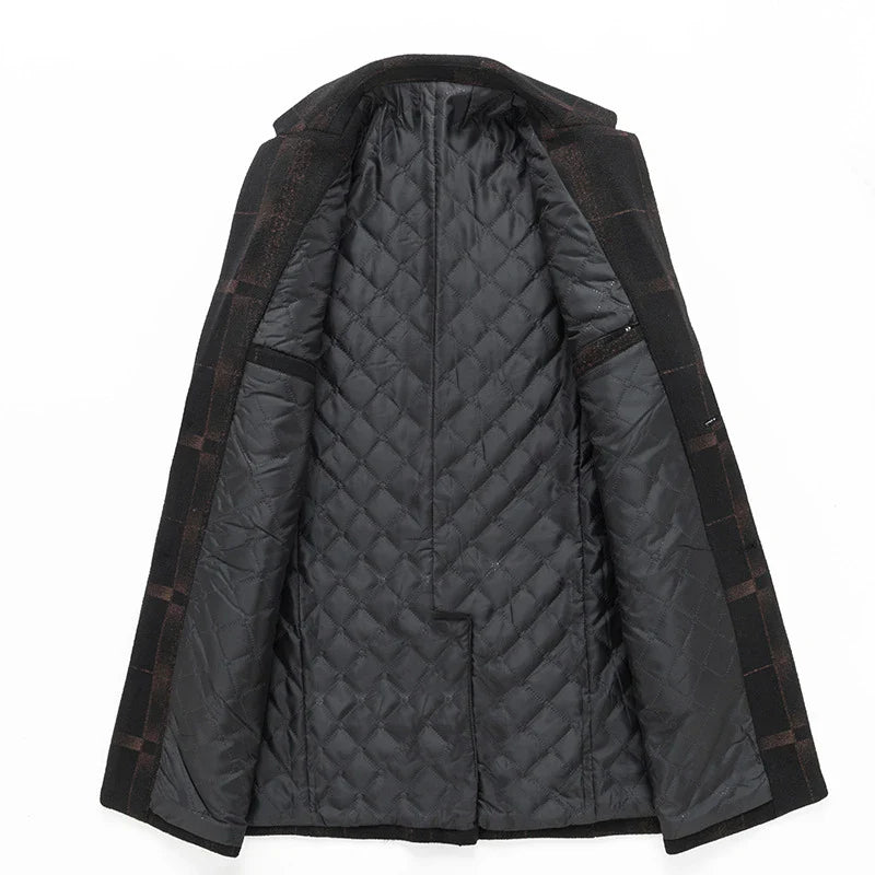 Men's mid-length slim wool coat in camel and gray colors, featuring a tailored silhouette and sophisticated grid pattern