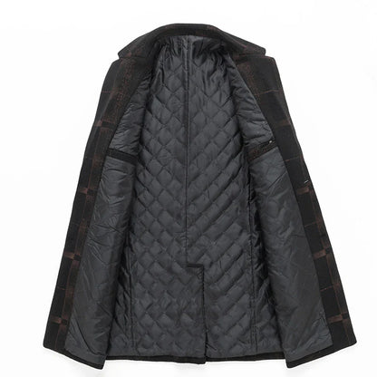 Men's mid-length slim wool coat in camel and gray colors, featuring a tailored silhouette and sophisticated grid pattern