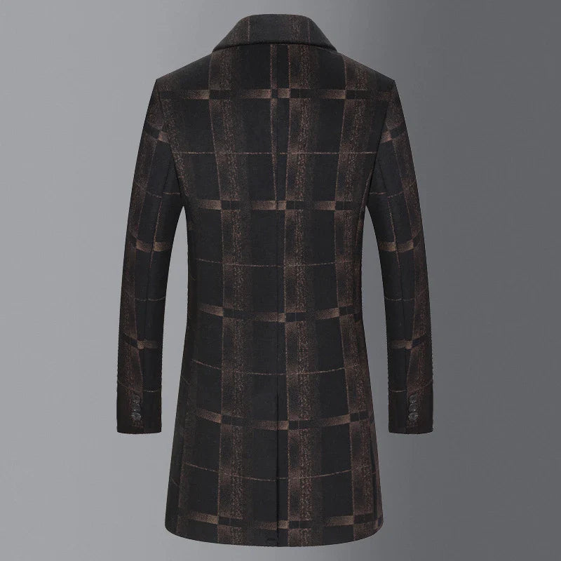 Men's mid-length slim wool coat in camel and gray colors, featuring a tailored silhouette and sophisticated grid pattern