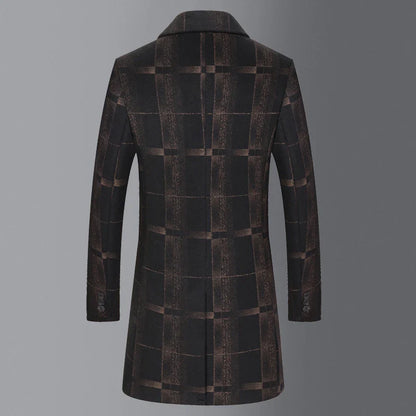 Men's mid-length slim wool coat in camel and gray colors, featuring a tailored silhouette and sophisticated grid pattern