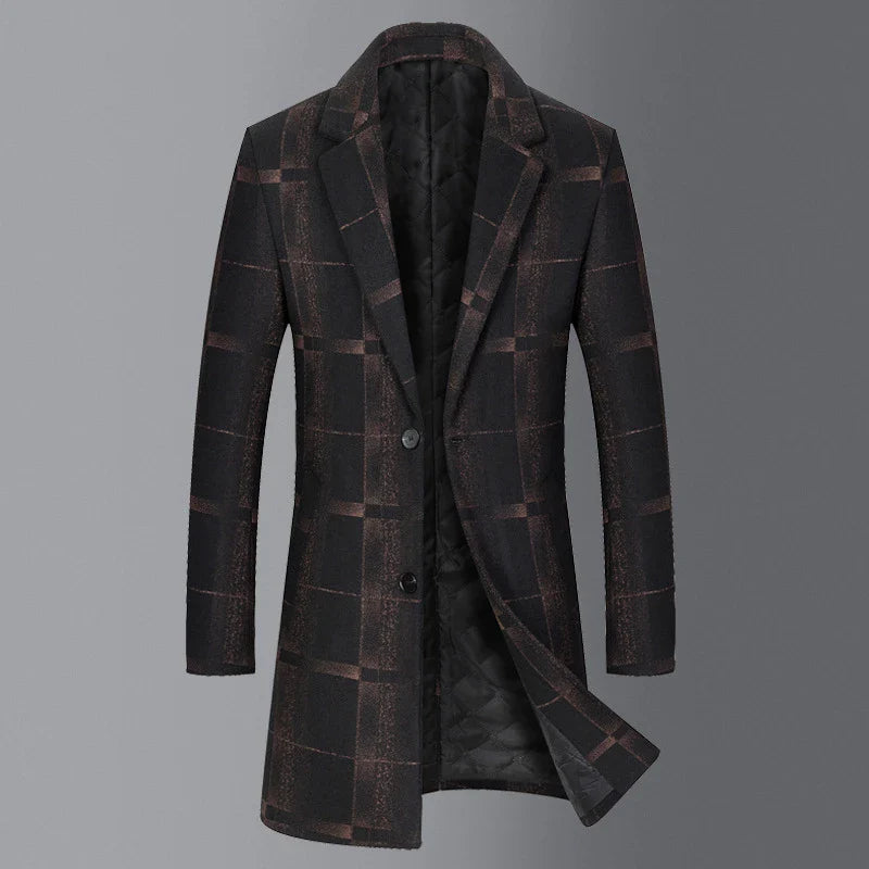 Men's mid-length slim wool coat in camel and gray colors, featuring a tailored silhouette and sophisticated grid pattern