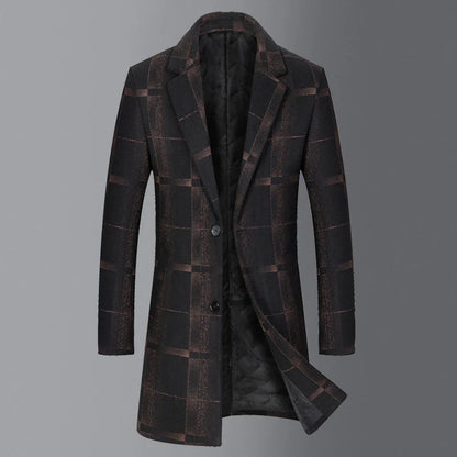 Men's mid-length slim wool coat in camel and gray colors, featuring a tailored silhouette and sophisticated grid pattern