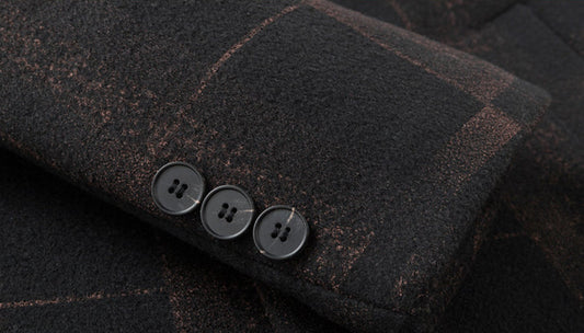 Men's mid-length slim wool coat in camel and gray colors, featuring a tailored silhouette and sophisticated grid pattern