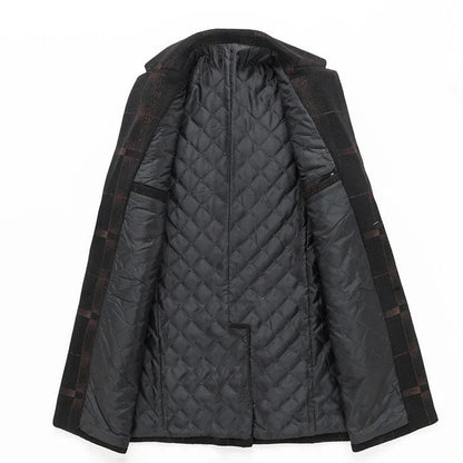 Men's mid-length slim wool coat in camel and gray colors, featuring a tailored silhouette and sophisticated grid pattern