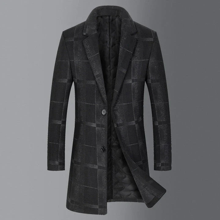 Men's mid-length slim wool coat in camel and gray colors, featuring a tailored silhouette and sophisticated grid pattern