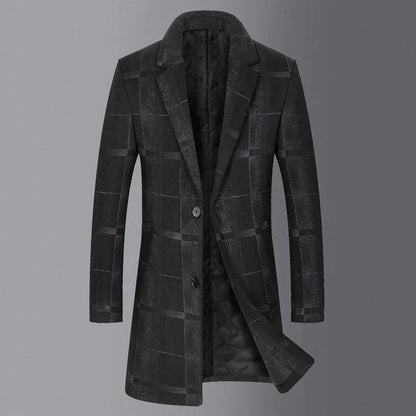 Men's mid-length slim wool coat in camel and gray colors, featuring a tailored silhouette and sophisticated grid pattern