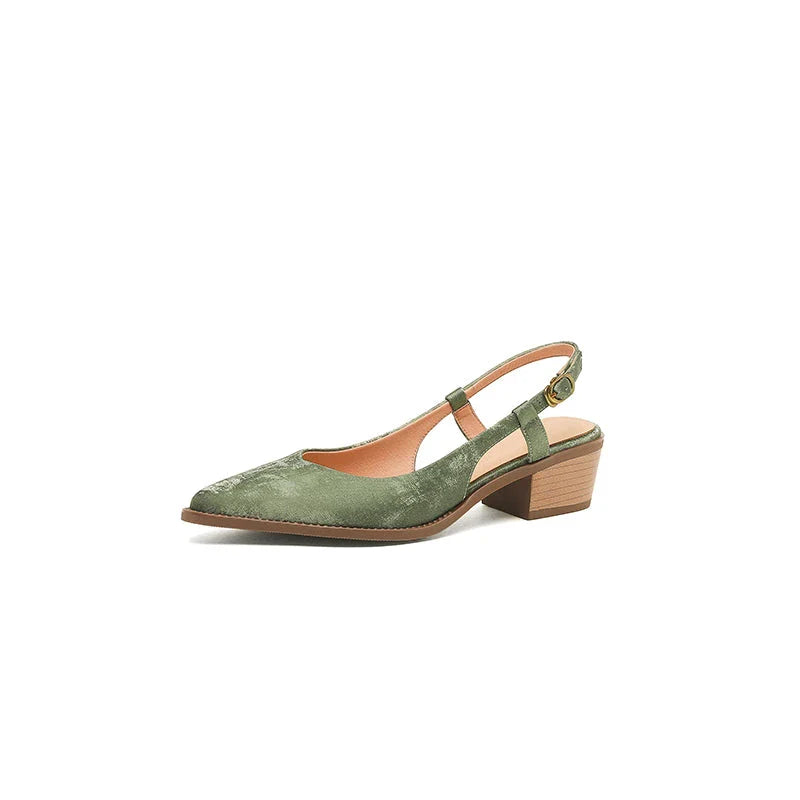 Elegant green leather slingback pumps with a 4cm square heel, perfect for the office or a night out.