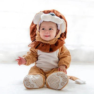 A cozy, one-piece baby jumpsuit with an adorable animal-inspired print, perfect for Halloween festivities.