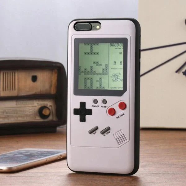 Gameboy-inspired iPhone case with retro gaming controls and screen on the back