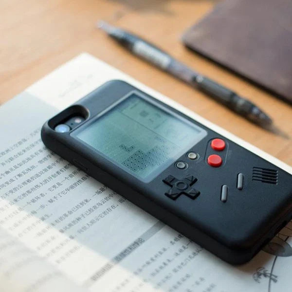 Gameboy-inspired iPhone case with retro gaming controls and screen on the back