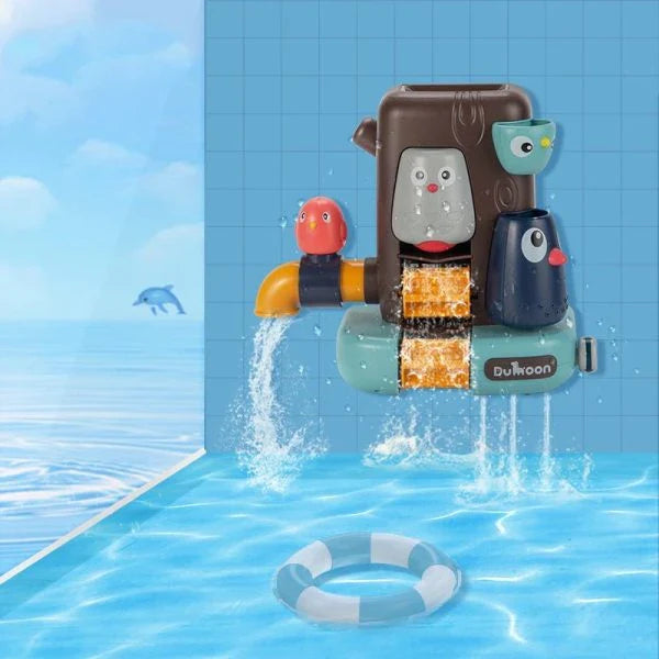 Colorful and durable baby bath toys, including a waterwheel and runner, designed to engage and entertain young children during bath time