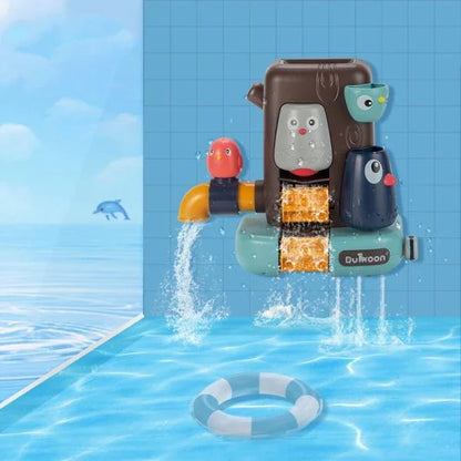 Colorful and durable baby bath toys, including a waterwheel and runner, designed to engage and entertain young children during bath time
