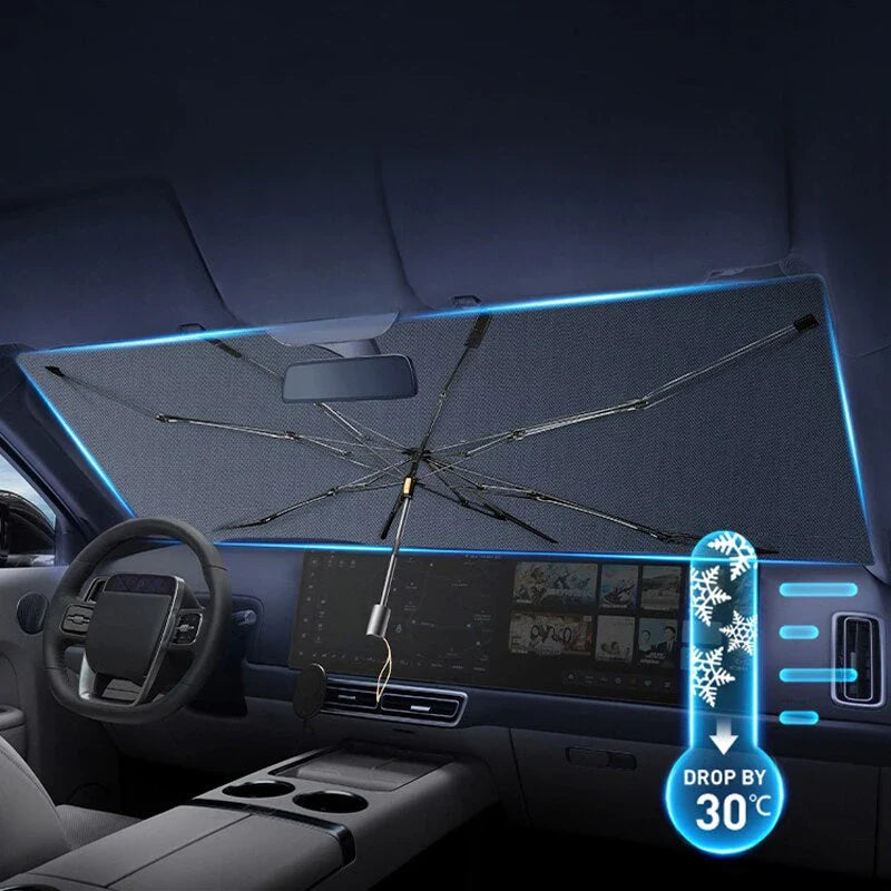 Foldable Car Windshield Sunshade Umbrella for Tesla Model 3 and Y - Provides Full Coverage, UV Protection, and Reduces Interior Temperature