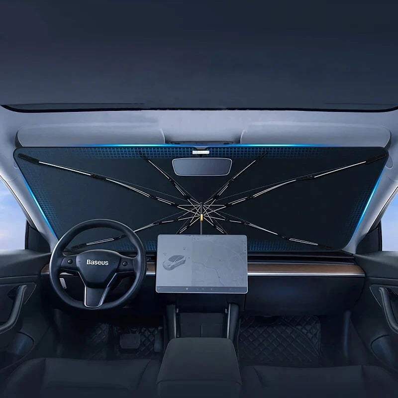Foldable Car Windshield Sunshade Umbrella for Tesla Model 3 and Y - Provides Full Coverage, UV Protection, and Reduces Interior Temperature