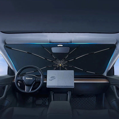 Foldable Car Windshield Sunshade Umbrella for Tesla Model 3 and Y - Provides Full Coverage, UV Protection, and Reduces Interior Temperature