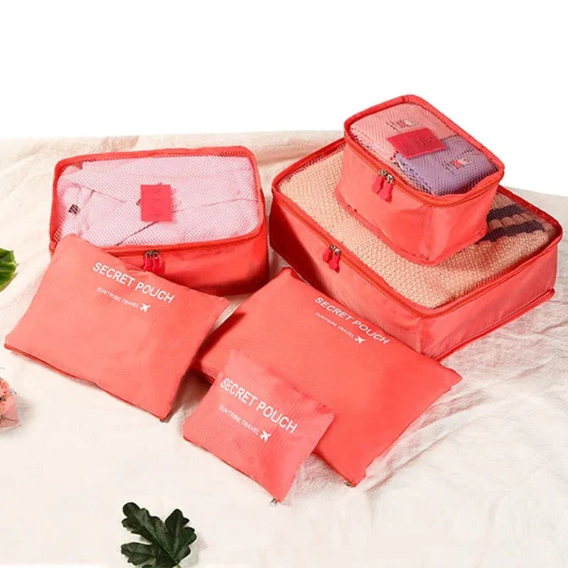 6 piece set of high-quality polyester travel storage organizer bags in pink color
