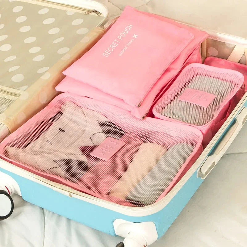 6 piece set of high-quality polyester travel storage organizer bags in pink color