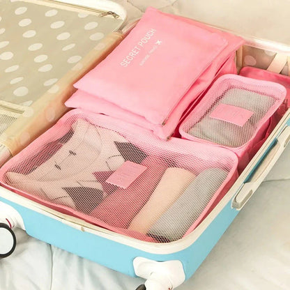 6 piece set of high-quality polyester travel storage organizer bags in pink color