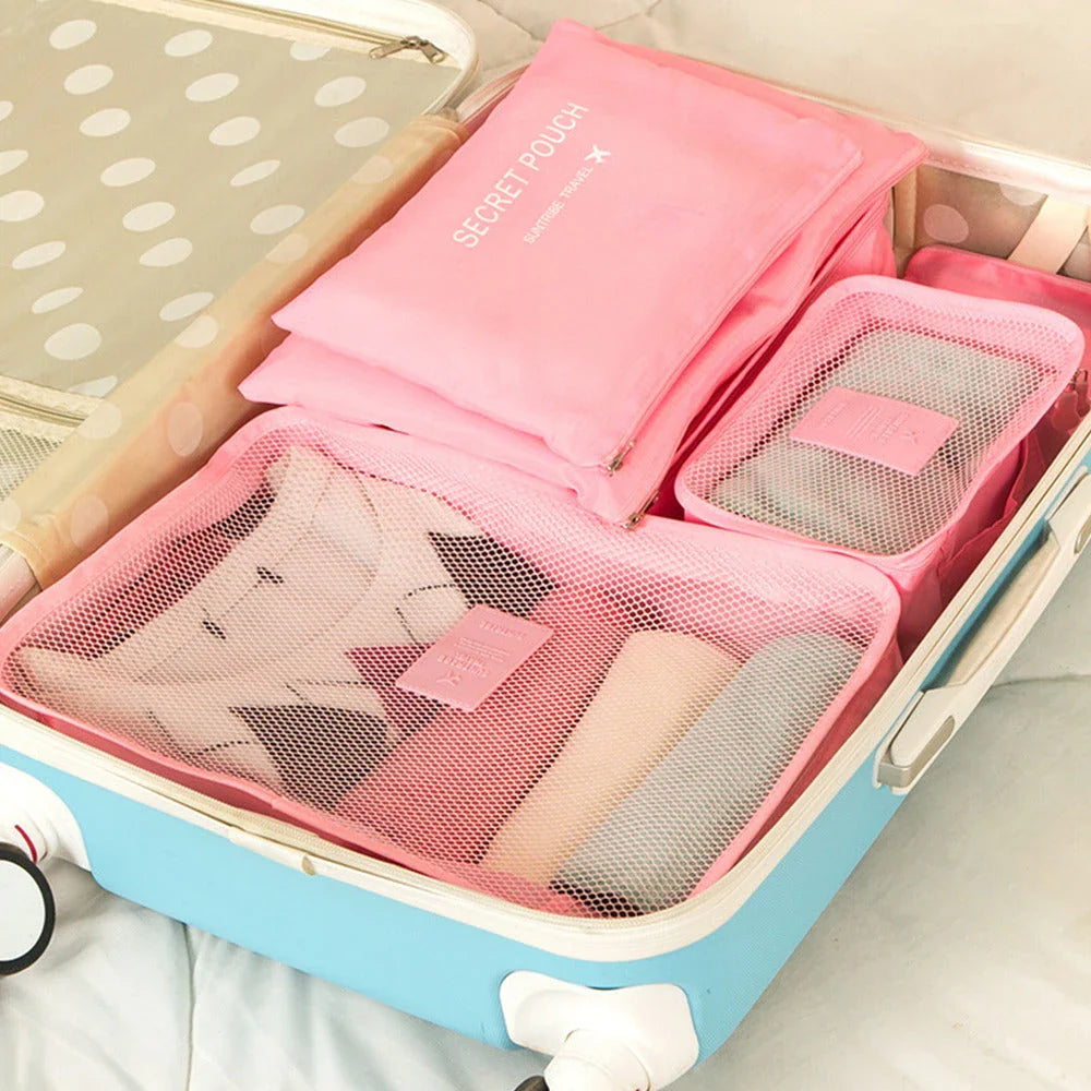 6 piece set of high-quality polyester travel storage organizer bags in pink color