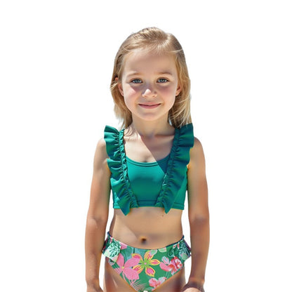 hhomeenjoy.com Girl's Green Bikini Swimsuit in Multiple Sizes-Adorable Little Kids Ruffle-Trim Bikini - Solid Color 2-Piece Girls Swimsuit Set