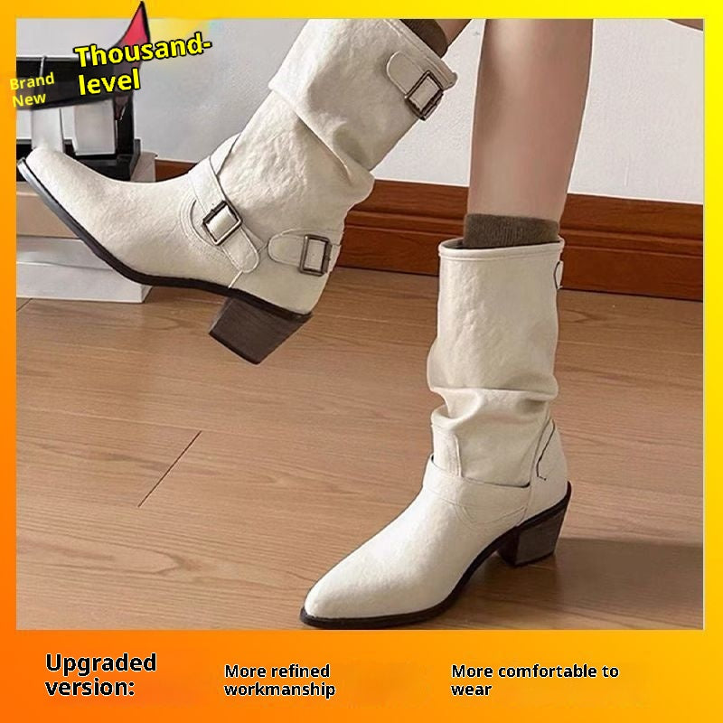 Women's chunky heel boots with a 2.5cm flat heel and middle calf length, available in white and khaki colours across sizes 35-42, featuring PU upper material and viscose sole construction for all-day wear.