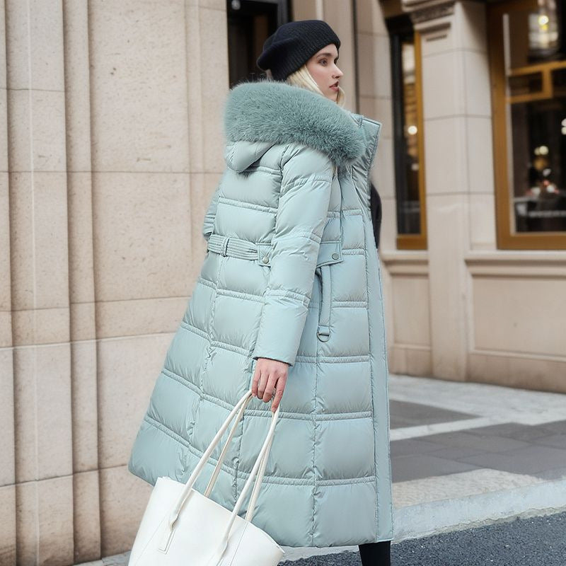 Hhomeenjoy Women's Long Slim-Fit Winter Jacket - Stylish Puffer Coat with Faux Fur Hood & Adjustable Belt