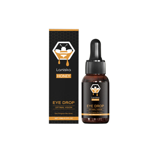 Honey-based eye drops with 15ml fluid capacity to relieve eye fatigue and discomfort using natural honey as the active ingredient alongside sorbitol and sodium hyaluronate