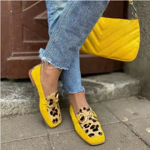 Yellow suede low heel square toe women's casual shoes with shallow mouth and rubber sole