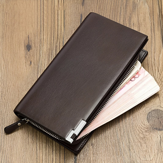 Men's long zip wallet in waterproof PU leather showing black and brown colour variations