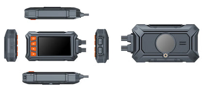 Motorcycle tachograph with dual lenses, GPS module, and waterproof housing, measuring 120mm x 64mm x 25mm