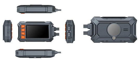 Motorcycle tachograph with dual lenses, GPS module, and waterproof housing, measuring 120mm x 64mm x 25mm