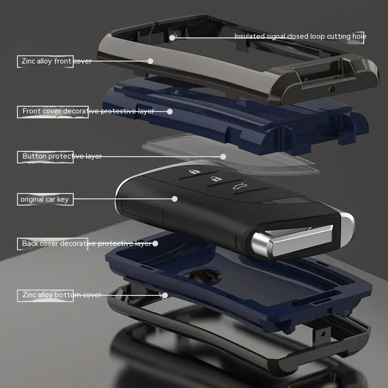 Lexus car key case cover in zinc alloy and TPU shown in black, with optional belt buckle attachment.