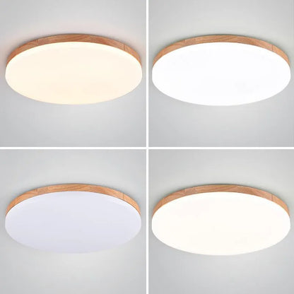 Japanese minimalist wooden and acrylic LED ceiling lamp with three-colour lighting on a white ceiling.