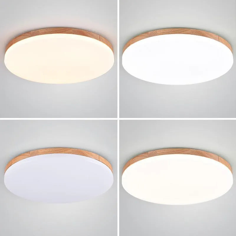Japanese-style minimalist wooden art LED ceiling lamp with segmented three-colour lighting, available in D26x5cm 15W, D38x5cm 24W, and D48x5cm 36W sizes for living rooms and bedrooms