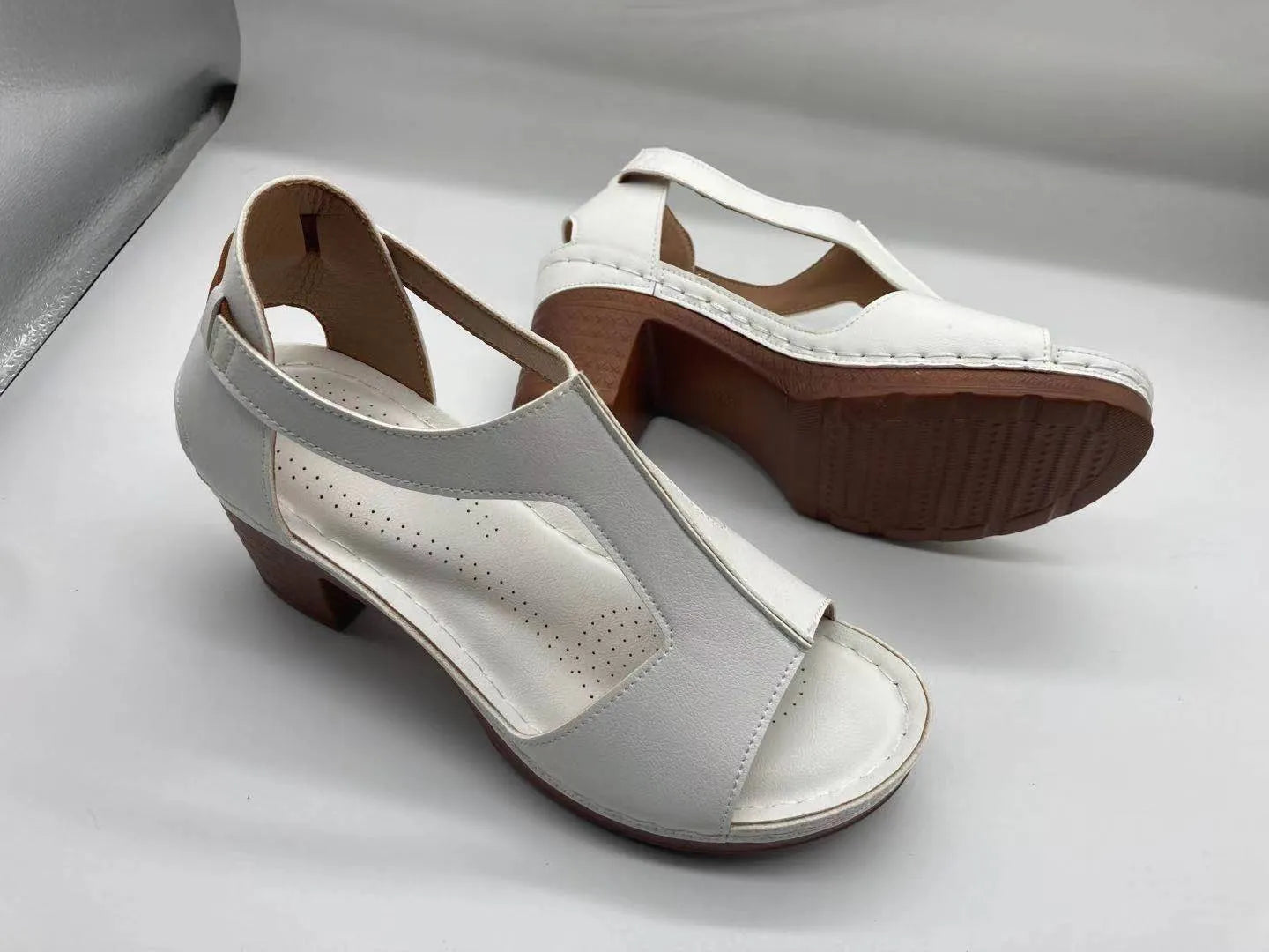 Plus size women's peep toe wedge sandals with adjustable buckle strap in light brown colour