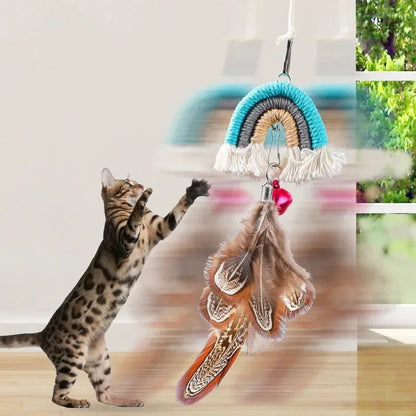 Feather cat rope hanging door toy with elastic swing and sticky buckle clamp in blue, green, or pink colours