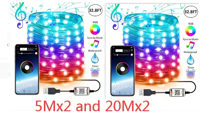 Programmable LED Christmas tree lights with app control showing custom colour animations on festive tree