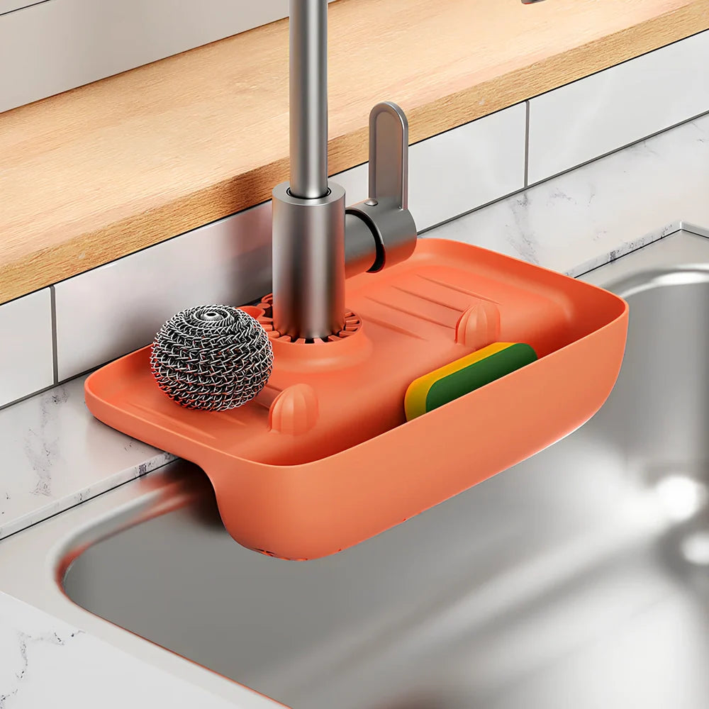 TPE kitchen drain rack with irregular shape measuring 27x14x5cm in orange colour
