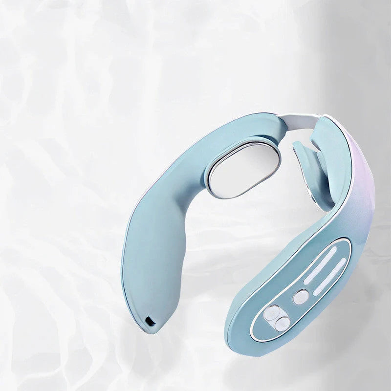 EMS Neck Massager with Heat in blue, showing ergonomic design and USB charging