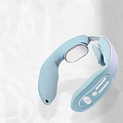 EMS Neck Massager with Heat in blue, showing ergonomic design and USB charging