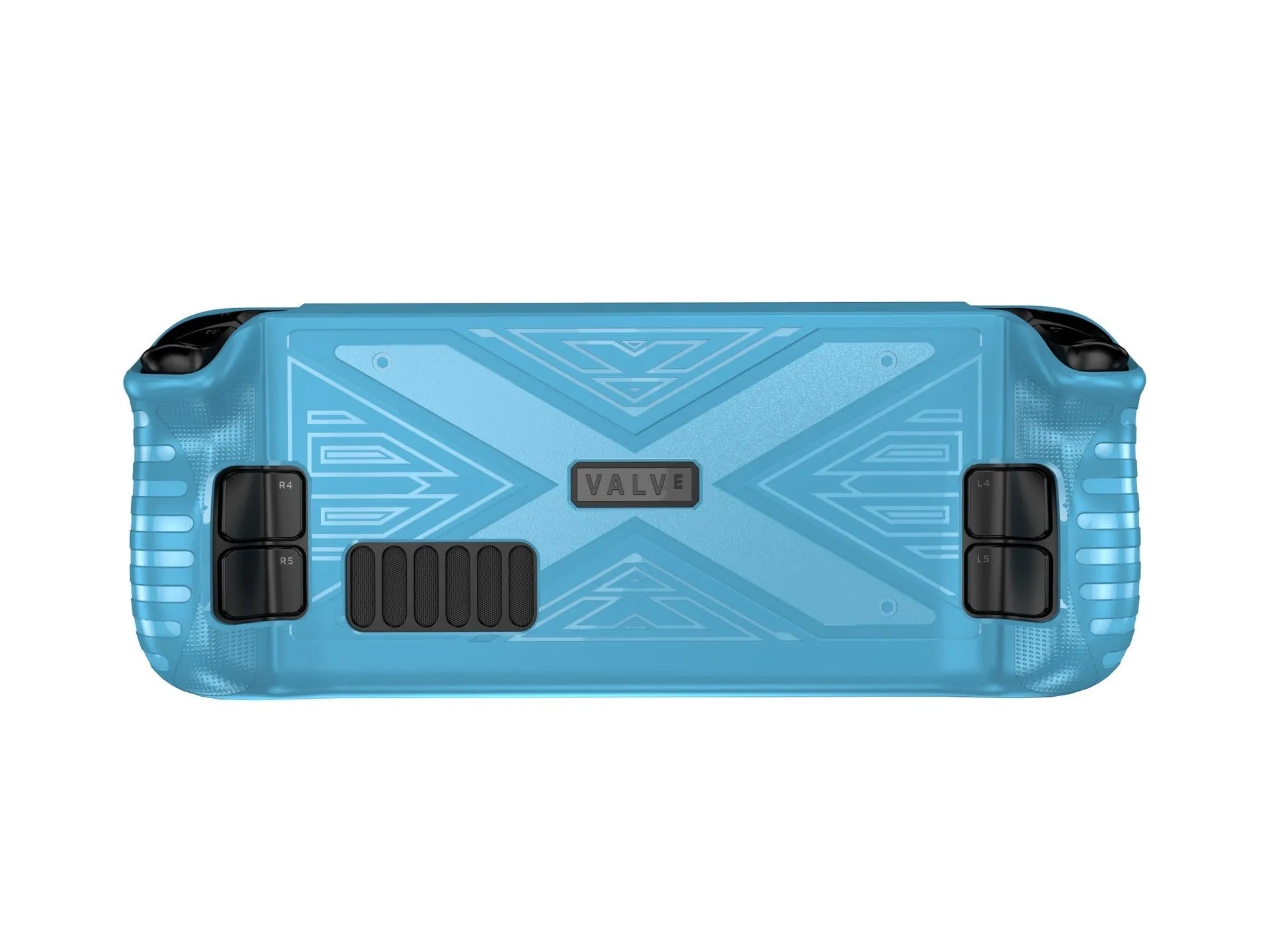 Red, blue, and black flexible silicone protective covers for a Steam Deck game console.