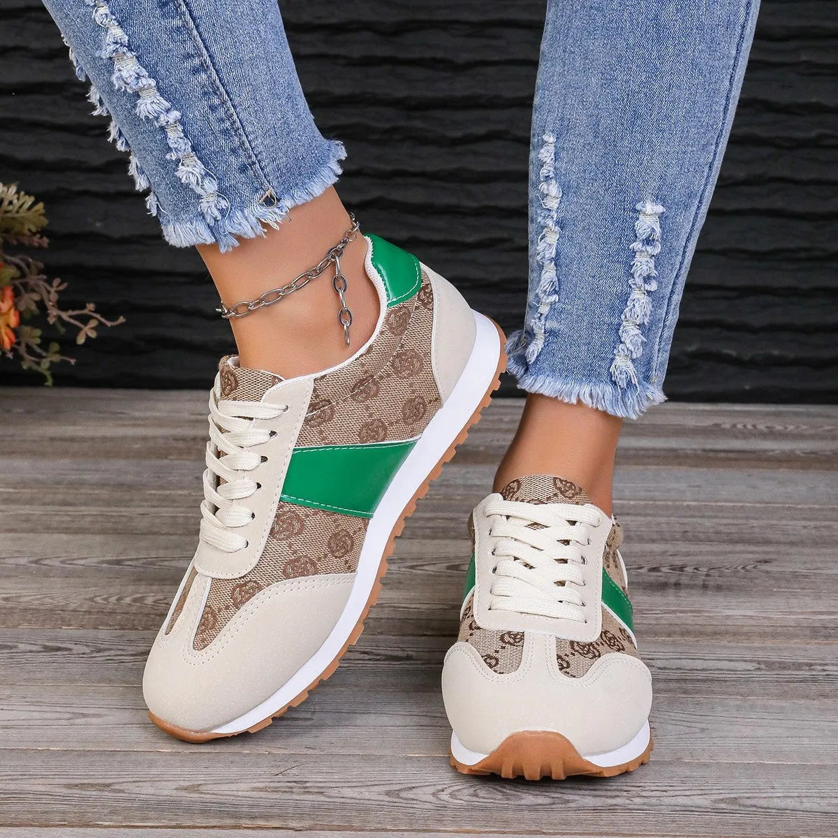Women's khaki lace-up casual shoes with floral cross-strap design and shallow mouth
