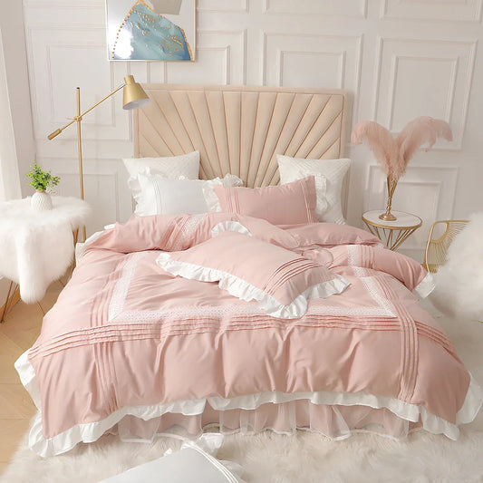 Korean princess style lace bed skirt four-piece quilt cover set in 99% cotton, 200x230cm for 1.5m bed