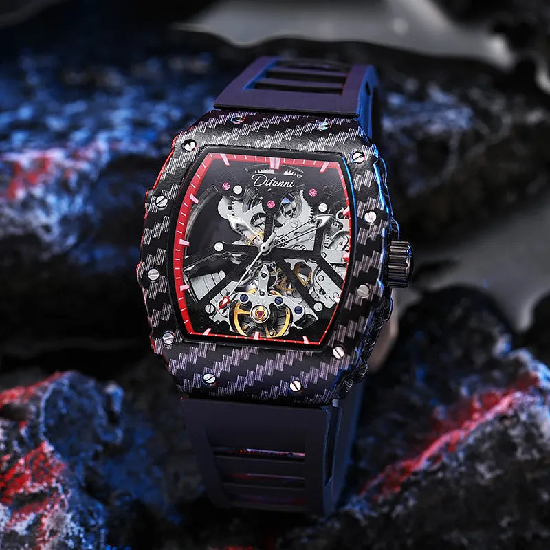 Mechanical waterproof luminous men's watch with black dial and see-through caseback on rubber strap