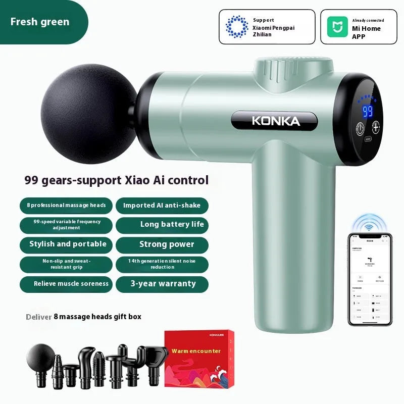 Konka V19 massage gun in grey colour with 8 silicone massage heads and charging wire